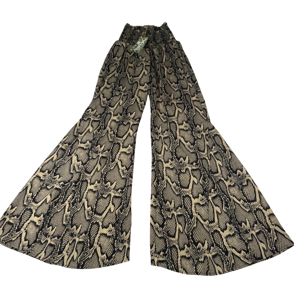 Show Me Your Mumu Bell Bottom Pants Womens Medium Tan Snake Smocked Boho Flare